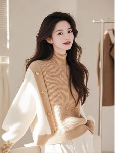 WANGGONGZHU | Womens High Neck Knitted Base Shirt Simple Design Slimming Lazy Large Size Top Inner Wear Autumn Winter Fashion Princess Style