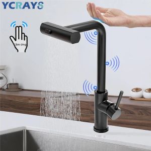 Vòi Rửa Chén Cảm Ứng YCRAYS Mạ Đen Xước 3 Chế Độ Thác Nước Vòi Kéo Ra Nóng Lạnh Tích Hợp Vòi Rút