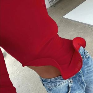 Ruffled Slim Tops T-Shirt For Women Long Sleeves Solid Color Patchwork Slinky Female Autumn Fashion High Street Pullover