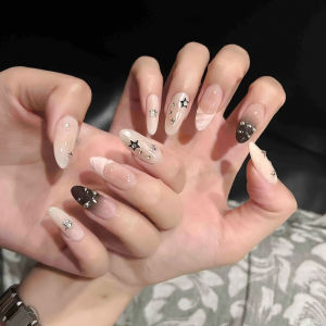 10Pcs Y2K Girls Fake Nails Black White Almond Resin Nail Handmade Press on Nails Wearable Full Cover Almond False Nail Tips