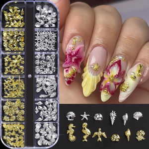 1Box 3D Sea-Theme Alloy Nail Art Charms 12Styles ShellSeahorseConchStarfish Jellyfish Nail Decorations Summer DIY Nail Parts