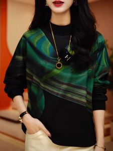 Fancy Australian Velvet Long Sleeves Print Tops Womens Spring Fall and Winter New Arrival Half Turtleneck Loose Slim Looking Base Western Style Small Shirt