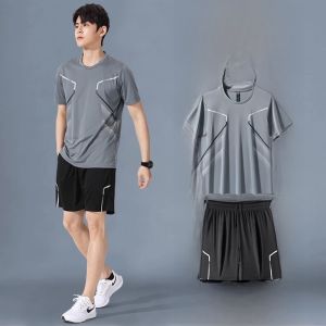 Loose Mens Fitness Sportswear Ice Silk Short Sleeve Running Clothes Quick Dry Summer Casual T-Shirt And Shorts Set