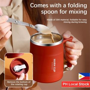 【Local Stock】500ml Stainless Steel 304 Coffee Mug With Folding Spoon and Lid Creative Office Home Milk Tea Breakfast Handle Cup Zsfuture