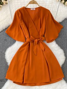 Summer 2025 Gentle Vintage Korean Style A-Line Dress with Bell Sleeves V-Neck Waist Cinching Butterfly Knot Belted Midi Dress