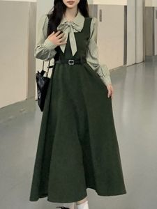 Váy Midi Nhung Kẻ Xanh Lá Cây Pháp Cổ Điển Cho Nữ Mùa Thu Đông Cỡ Lớn Giả Hai Mảnh Váy Dài Nhung