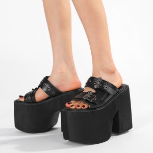 Gdgydh Goth Bat Buckle Decor Platform Slippers for Women Fashion Open Toe Summer Shoes Slip On Heeled Sandals Slingback Outdoor
