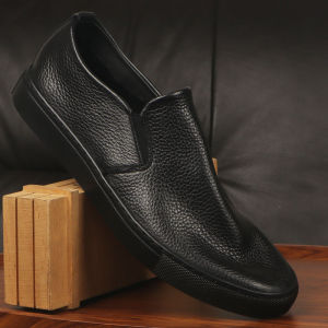 New Mens Slip-On Shoes Breathable Loafers Soft Leather Business Casual Shoes British Style Flat Bottom Rubber Outsole