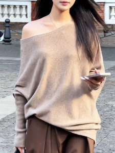 QINGNAER | Áo Knit Dáng Rộng Trễ Vai Mới