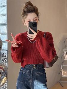 เสื้อสเวตเตอร์ถักนิตติ้งสีแดงสำหรับผู้หญิง ทรงหลวม แขนยาว คอกลม ทรงเข้ารูป อบอุ่น แฟชั่นฤดูใบไม้ร่วง ฤดูหนาว