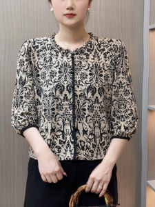 สลิมมิ่งแขนสามส่วน เสื้อยืดสไตล์แม่บาง ลายดอก คอกลม ลำลอง ชุดทํางานสําหรับผู้หญิงวัยกลางคน ฤดูร้อน