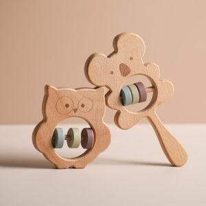 Bafada 100% Nature Beech Wooden Handbells Toys Cute Owl Koala Hand Grasp Rattle Newborn Baby Teether Toothglue With Crisp Sound Soothe Baby
