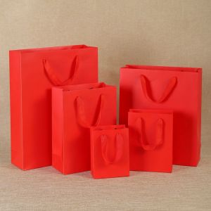 1pc Multi Size Red Kraft Paper Gift Bags with Handles Shopping Package Bag New Year DIY Wedding Birthday Party Gift Bags Present