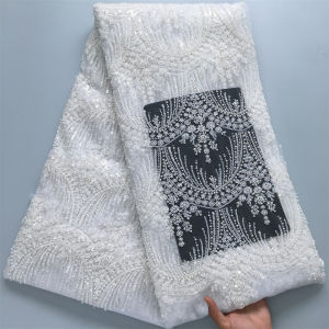 Luxury African Heavy Beaded Tulle Lace Fabric White Sequins Embroidery Net Lace For Bridal Wedding Party Dress 5Yards