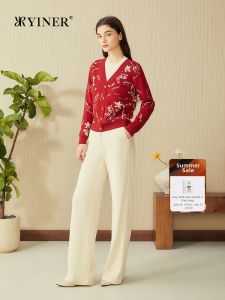 Spring Chinese Red Wool Mock Two Pieces Magnolia Knit Sweater