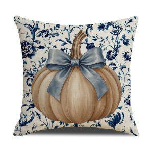VIKAMA Fall Pillow Cover Soft & Skin‑Friendly Blue Floral Pumpkin Bow Print Cushion Case for Sofa Bedroom Home Decor