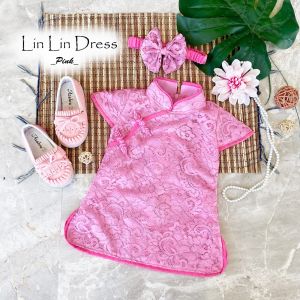 dress Lin Lin/dress Imlek anak warna pink/dress Imlek bahan brokat/dress  newborn
