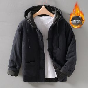 Retro Chinese Buttoned Hooded Cotton Jacket Loose Fit Autumn Winter Mens Fashion Outerwear Youth Popular Thickened Casual Wear