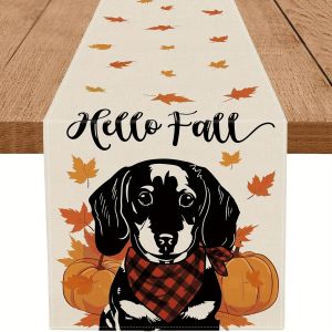 1 Piece of Autumn Dachshund Theme Table Runner Puppy with Plaid Scarf Pumpkin Fallen Leaves Suitable for Restaurant Home Pet Theme Party