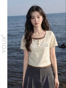 YOUXIANG | Áo Thun Pseudo Hai Mảnh Màu Khối
