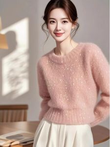 WANGGONGZHU | Elegant Thickened Shiny Sequin Cashmere Knitted Base Shirt Womens Autumn Winter Inner Wear Fashionable Overhead Sweater