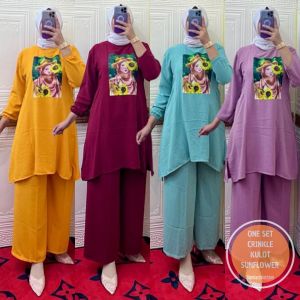 ONE SET CRINKLE KULOT SUNFLOWER/ATASAN MUSLIMAH TERBARU/BUSANA MUSLIMAH TERBARU