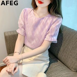 AFEG solid color Korean version crewneck fashion loose temperament chiffon bubble sleeve blouse for women