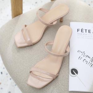 SW Sandals Elegant High Heel Slippers Womens Outwear Open Toe Patent Leather Stilettos Square Toe Minimalist Genuine Leather Ankle-Strap High Heels