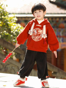 Thickened Fleece Childrens Traditional Chinese Clothing Set Boys Casual New Year Visit Sweater Suit Winter Wear for Boys