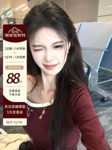 Sweet Shrimp Tartar Wine Red Shoulder Bared Long Sleeve T Shirt Womens Slim Fit Pure Desire Spicy Top Commute Korean Style