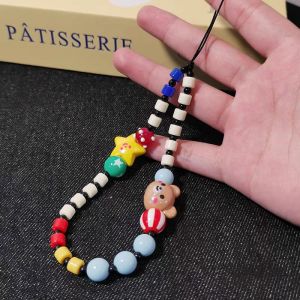 Dopamine Color Beaded Phone Lanyard Cute Cartoon Bear Star Bead Wrist Strap Anti-Lost Hand Chain for CCD Camera Phone Case DIY