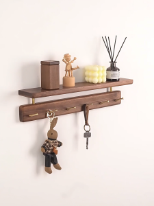 Solid Black Walnut Wood Wall-Mounted Shelf Board with Brass Hooks - Entryway Bedroom & Study Decorative Storage Rack