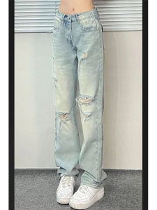 กางเกงยีนส์ทรงหลวมเอวสูงผ่าหน้าดีไซน์สไตล์อเมริกันสำหรับผู้หญิงในช่วงฤดูร้อน กางเกงขายาวทรงตรง ทรงหลวม กางเกงขายาวทรงหลวม
