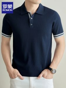 ROMON | Turn-down Collar Breathable Business Casual Polo Shirt Stripe Knit Short-sleeve