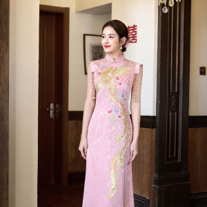 New Chinese Style Bridal Long Dress Silk Phoenix Embroidery