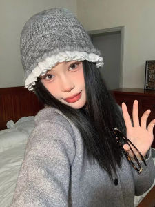 Korean Style Lace Trim Knitted Fisherman Hat Womens Autumn Winter Sweet Versatile Woolen Cap Warm Face Slimming Trendy Hat