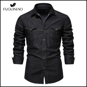 FUGUINIAO Mens fashionable denim jacket shirt slim fit retro casual shirts suitable cycling denim shirts