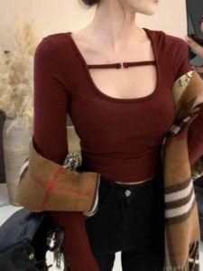 Retro American Design Long Sleeve T-Shirt Womens Modal Slim Fit U-Neck Base Shirt Inner Wear Top Youth Pure Color Commute