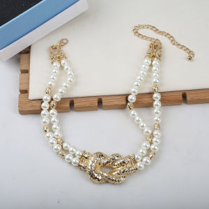 Heavy Metal Knot Pearl Splicing Necklace Double Layered Elegant Lady Evening Dress Clavicle Chain Fashion Jewelry Accessories