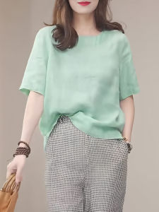 UYFY | Áo thun nữ cổ tròn tay ngắn mùa hè mới rộng rãi giảm béo đa năng màu xanh lá cây phong cách tối giản giản dị thoải mái