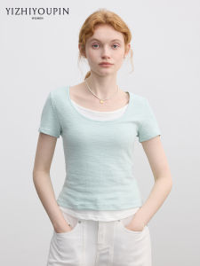 Two-Tone Spliced Design Sleeve T-Shirt Slim Fit Versatile Blouse