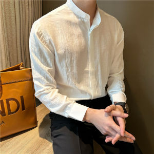 Mr. NR Slim Fit Long Sleeve Shirt Collar Stand up Cotton Linen Fabric Casual Thin Vintage Holiday Mens Pure Color Shirt