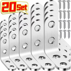 【Hibeautylife】20Sets Stainless Steel L Shaped Corner Code 90 Degree L Joint Brackets Furniture Cabinet Angle Connectors Shelf Door Support with Screw