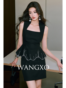WANGXO | Mandarin Collar Sleeveless Slim Fit Ruffled & Studded Tank Top & Pencil Short Skirt Set