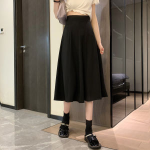Black A-Line Midi Skirt Womens Spring Summer Umbrella Skirt Suit Style High Waist Polyester Fabric Korean Version Commute