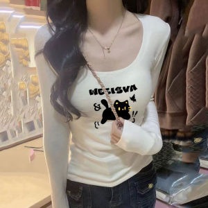 Áo Thun Cotton Dài Tay Cổ Chữ U Ôm Vừa Vặn Cho Nữ Mùa Thu Thiết Kế Eo Dài Tay Áo Sơ Mi Cổ Tròn Thường Ngày