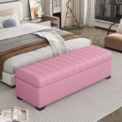 Luxury Leather Storage Bench Bedroom Sofa Bed End Living Room Entryway Hall Pure Color Wooden Frame High Load Capacity Bench