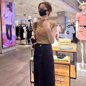 เสื้อยืดไหมน้ำแข็งคอปกสั้นแขนสั้นผู้หญิงฤดูร้อนทรงสลิมฟิตสไตล์เกาหลี เสื้อเชิ้ตแขนกุดแบบสวมหัว