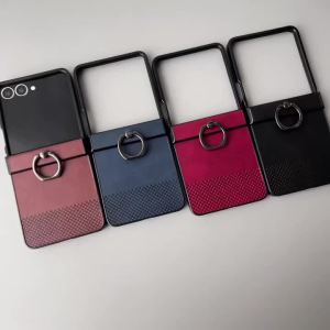 Hinge Protection Leather Phone Case For Samsung Galaxy Z Flip 8 7 FE 6 5 4 3 Ring Holder Woven Texture Shockproof Hard Cover