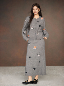 Fun Jacquard Artic Fleece Autumn Winter Knit Cardigan Skirt Set